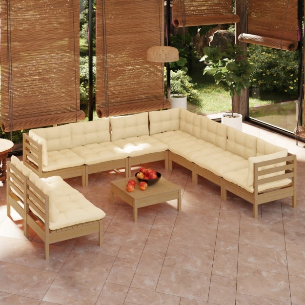 Set Divani da Giardino 10 pz con Cuscini Miele Legno di Pino