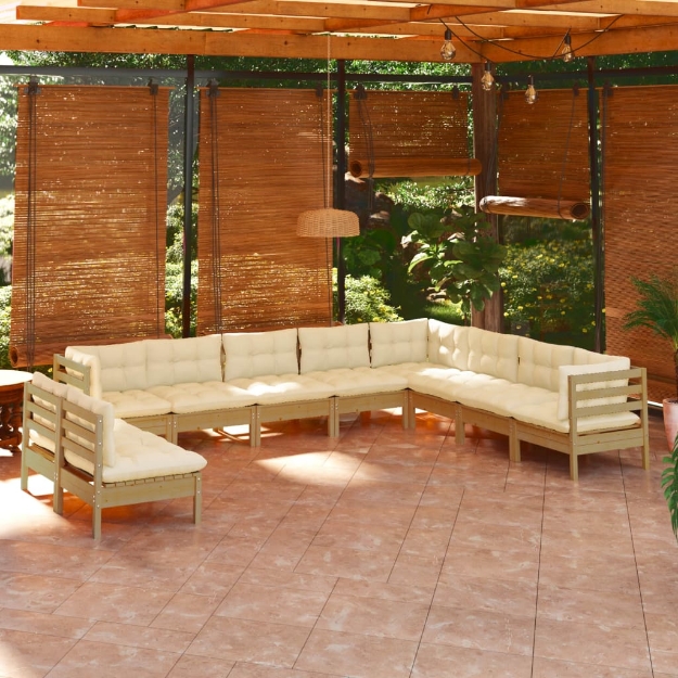 Set Divani da Giardino 10 pz con Cuscini Miele Legno di Pino