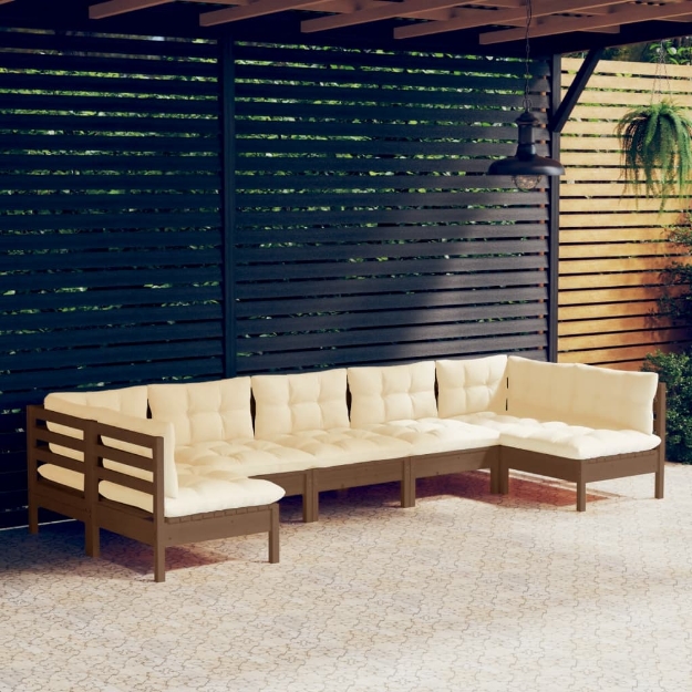 Set Divani da Giardino 7 pz con Cuscini Miele Legno di Pino