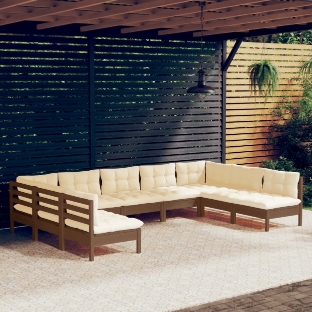 Set Divani da Giardino 9 pz con Cuscini Miele Legno di Pino