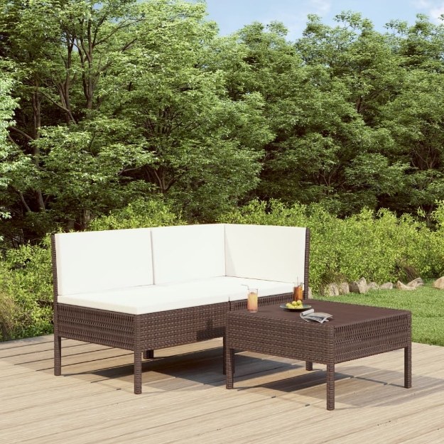 Set Divani da Giardino 3 pz con Cuscini in Polyrattan Marrone