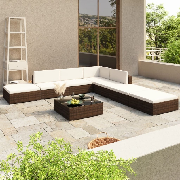 Set Divani da Giardino 8 pz con Cuscini in Polyrattan Marrone