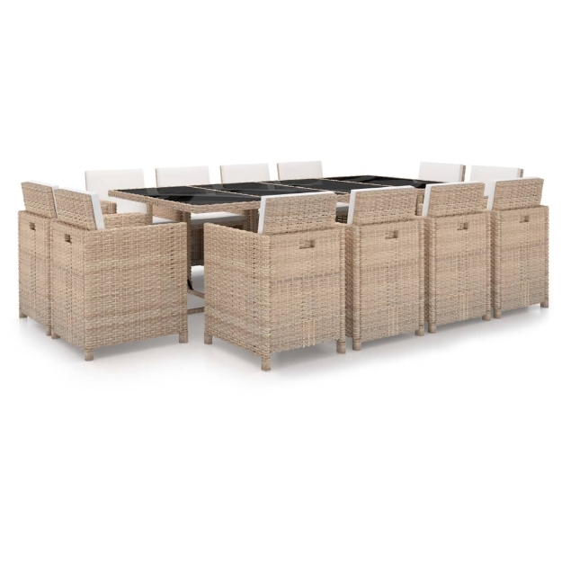 Set da Pranzo da Giardino 13 pz con Cuscini in Polyrattan Beige