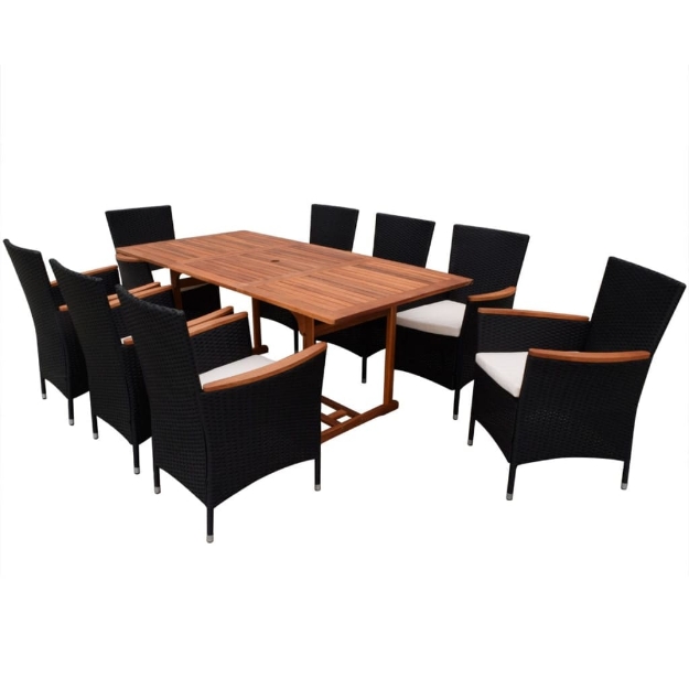 Set da Pranzo da Giardino 9 pz con Cuscini in Polyrattan Nero