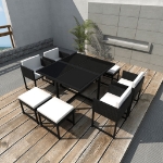 Set da Pranzo da Giardino 9 pz con Cuscini in Polyrattan Nero