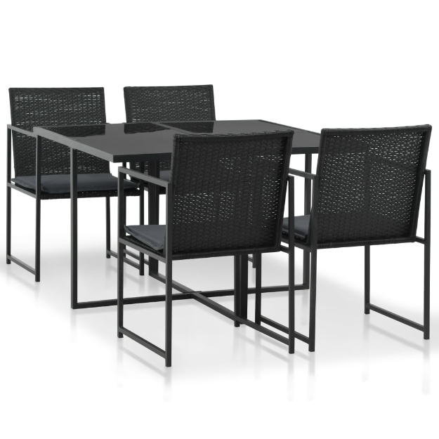 Set da Pranzo da Giardino 5 pz con Cuscini in Polyrattan Nero