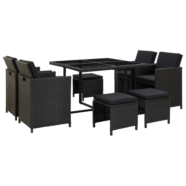 Set da Pranzo da Giardino 9 pz con Cuscini in Polyrattan Nero