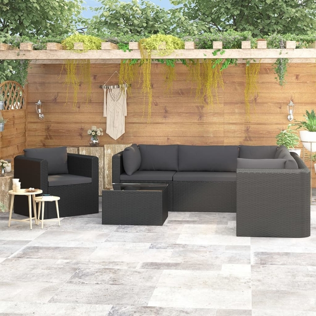 Set Divani da Giardino 7 pz con Cuscini in Polyrattan Nero