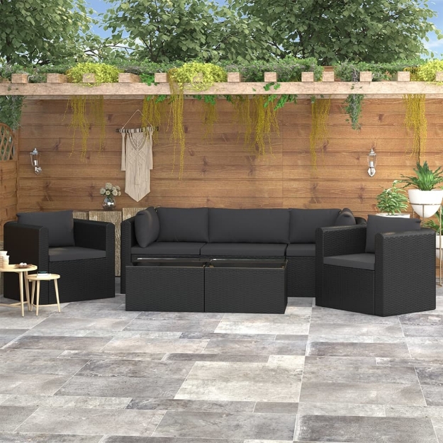 Set Divani da Giardino 7 pz con Cuscini in Polyrattan Nero