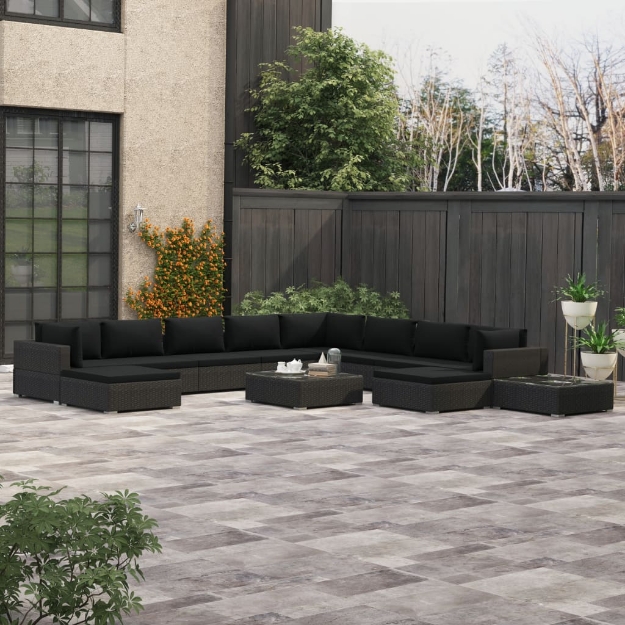 Set Divani da Giardino 12 pz con Cuscini in Polyrattan Nero