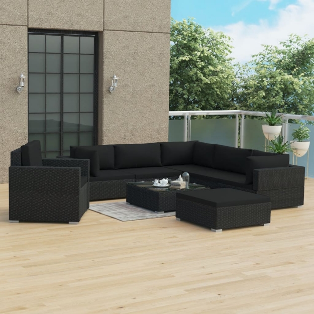 Set Divani da Giardino 8 pz con Cuscini in Polyrattan Nero