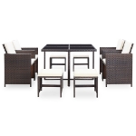 Set da Pranzo da Giardino 9 pz con Cuscini Polyrattan Marrone