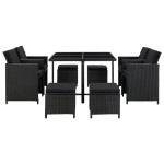 Set da Pranzo da Giardino 9 pz con Cuscini in Polyrattan Nero