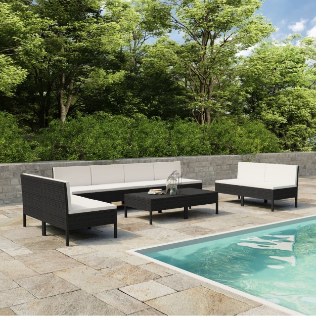 Set Divani da Giardino 10 pz con Cuscini in Polyrattan Nero