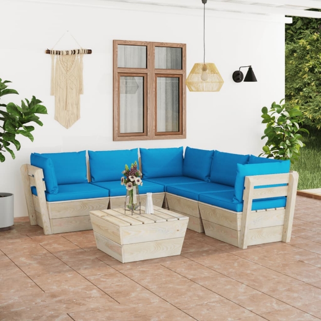 Set Divani da Giardino su Pallet 6 pz con Cuscini Legno Abete