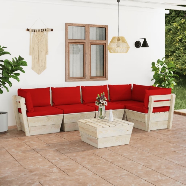 Set Divani da Giardino su Pallet 6 pz con Cuscini Legno Abete