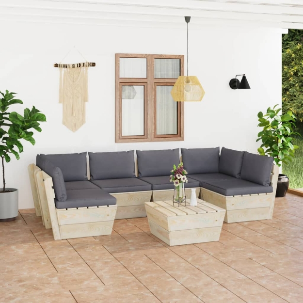 Set Divani da Giardino su Pallet 7 pz con Cuscini Legno Abete