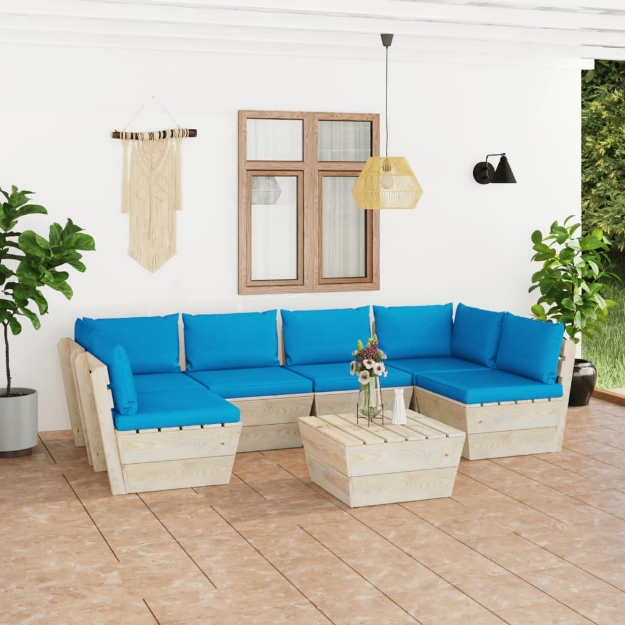 Set Divani da Giardino su Pallet 7 pz con Cuscini Legno Abete