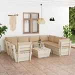 Set Divani da Giardino su Pallet 9 pz con Cuscini Legno Abete