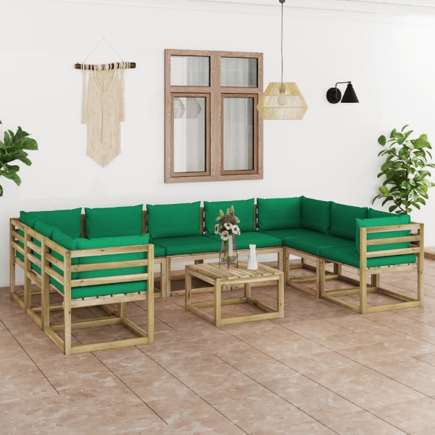 Set Divani da Giardino 10 pz e Cuscini Legno di Pino Impregnato