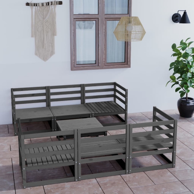 Set Divani da Giardino 7 pz Grigio in Legno Massello di Pino