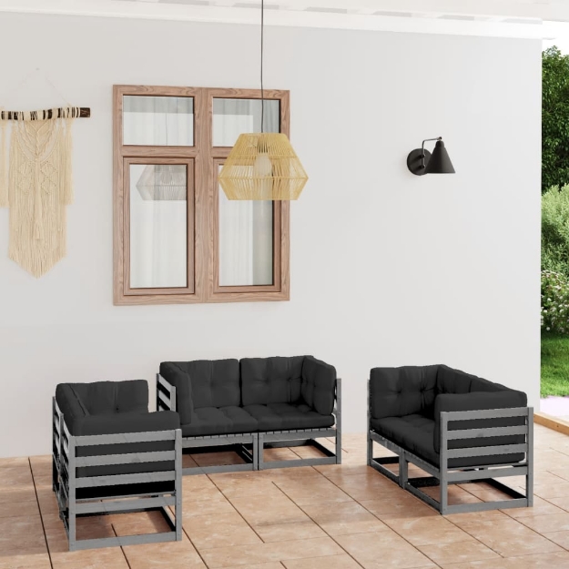 Set Divani da Giardino 6 pz Grigio Cuscini Massello di Pino