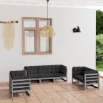 Set Divani da Giardino 7 pz Grigio Cuscini Massello di Pino