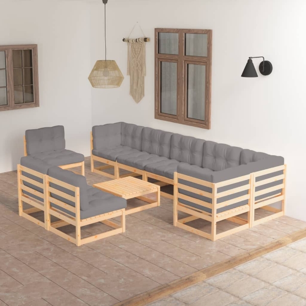 Set Divani da Giardino 10 pz con Cuscini Legno Massello di Pino