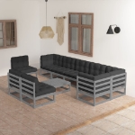 Set Divani da Giardino 10 pz con Cuscini Legno Massello di Pino