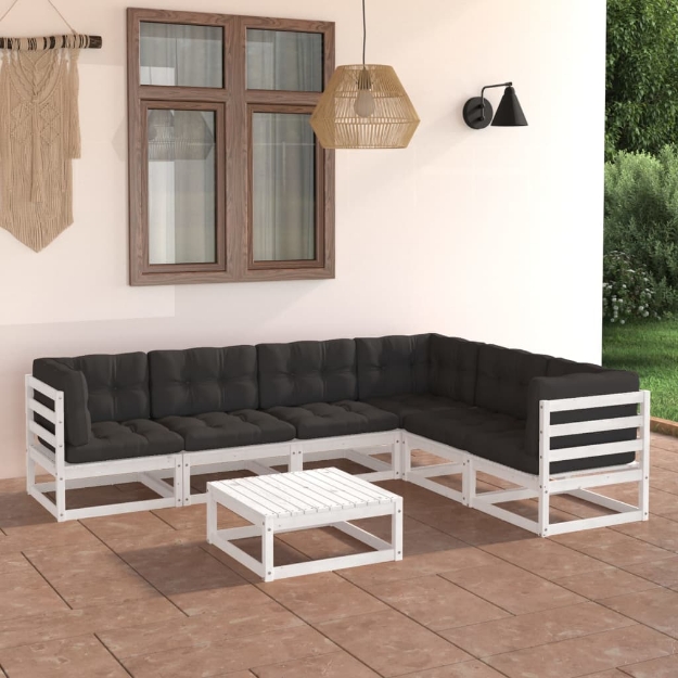 Set Divani da Giardino 7 pz con Cuscini Massello di Pino Bianco