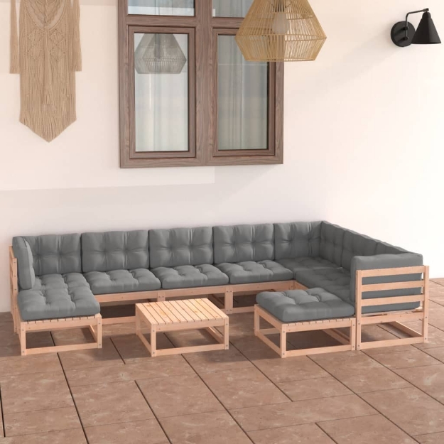 Set Divani da Giardino 10 pz con Cuscini Legno Massello di Pino