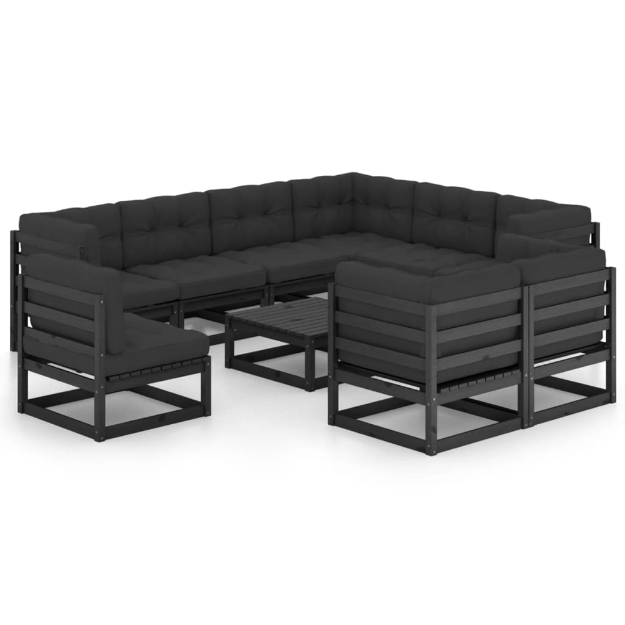 Set Divani da Giardino 10 pz con Cuscini in Pino Massello Nero