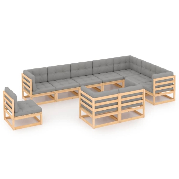 Set Divani da Giardino 10 pz con Cuscini Legno Massello di Pino