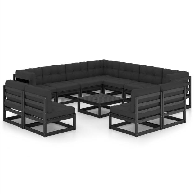 Set Divani da Giardino 12 pz con Cuscini Massello di Pino Nero