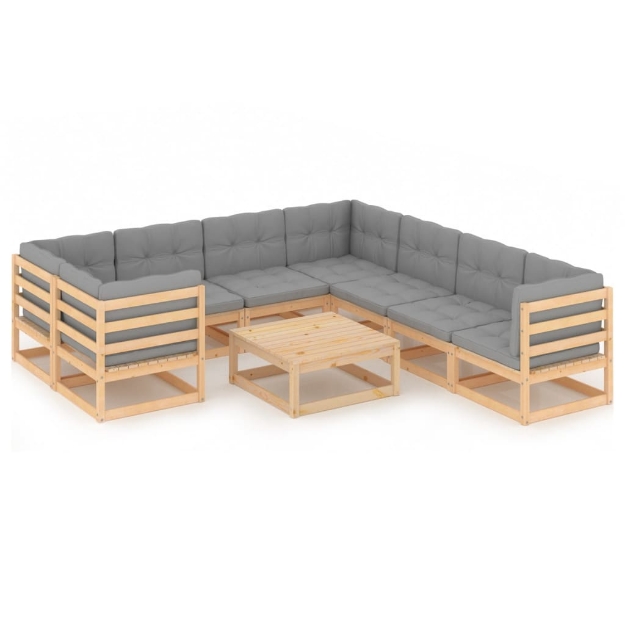 Set Divani da Giardino 9 pz con Cuscini Legno Massello di Pino