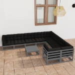 Set Divani da Giardino 10pz Grigio con Cuscini Massello di Pino