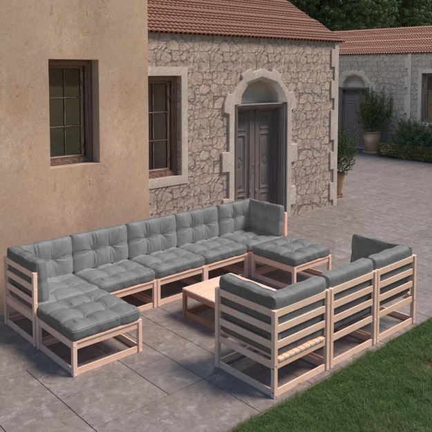 Set Divani da Giardino 11 pz con Cuscini Legno Massello di Pino