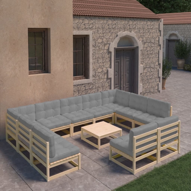 Set Divani da Giardino 12 pz con Cuscini Legno Massello di Pino