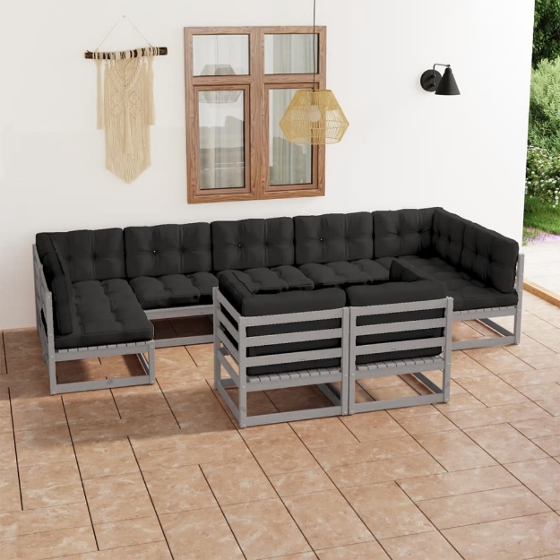 Set Divani da Giardino 9 pz Grigio Cuscini Massello di Pino