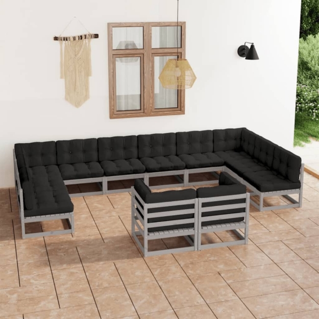 Set Divani da Giardino 12 pz Grigio Cuscini Massello di Pino