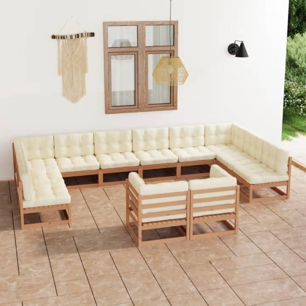 Set Divani Giardino 12pz Cuscini Marrone Miele in Pino Massello