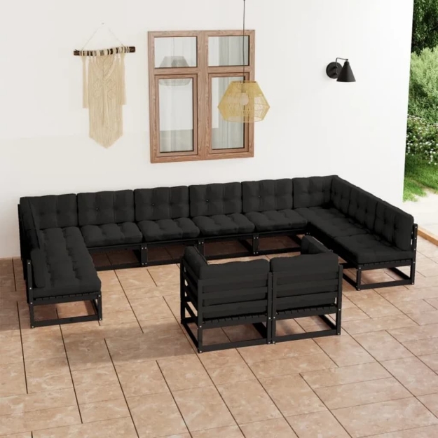 Set Divani da Giardino 12 pz con Cuscini in Pino Massello Nero