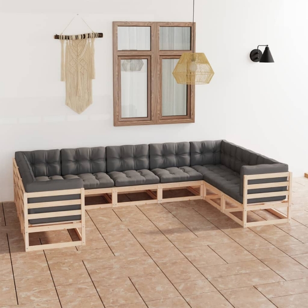 Set Divani da Giardino 9 pz con Cuscini Legno Massello di Pino