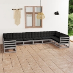 Set Divani da Giardino 10 pz Grigio Cuscini Massello di Pino