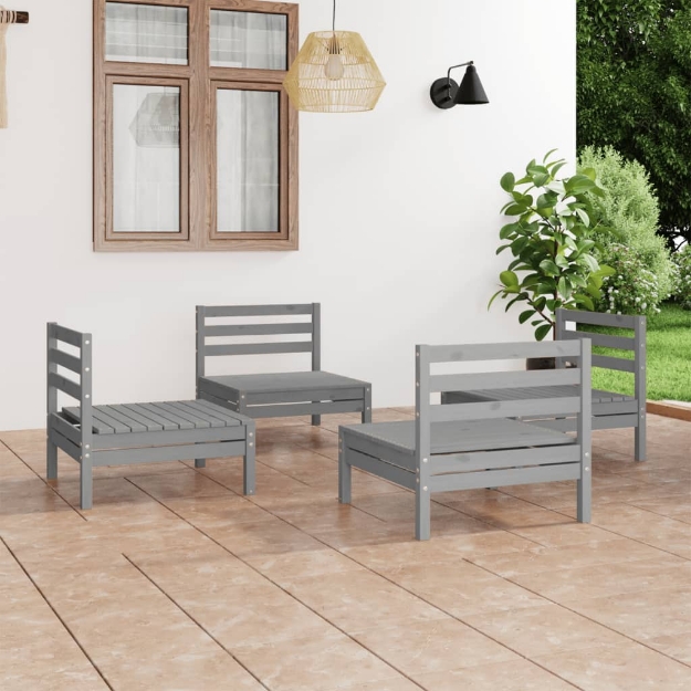 Set Divani da Giardino 4 pz Grigio in Legno Massello di Pino