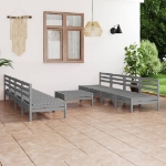 Set Divani da Giardino 9 pz Grigio in Legno Massello di Pino