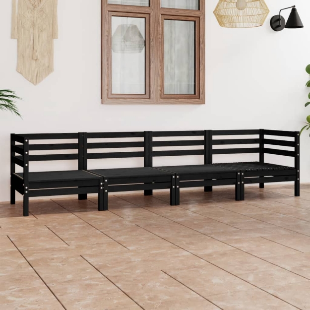 Set Divani da Giardino 4 pz Nero in Legno Massello di Pino