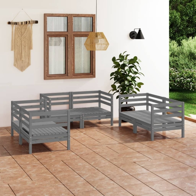 Set Divani da Giardino 6 pz Grigio in Legno Massello di Pino