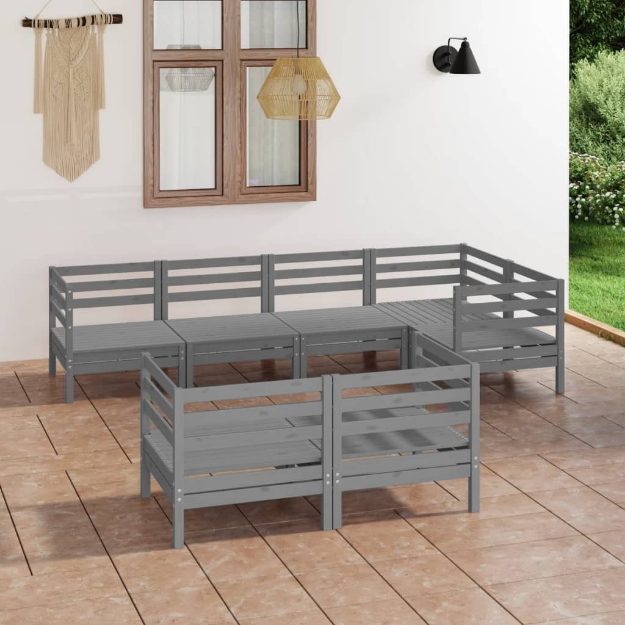 Set Divani da Giardino 7 pz in Legno Massello di Pino Grigio