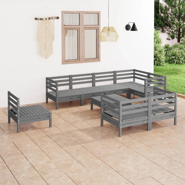 Set Divani da Giardino 9 pz in Legno Massello di Pino Grigio